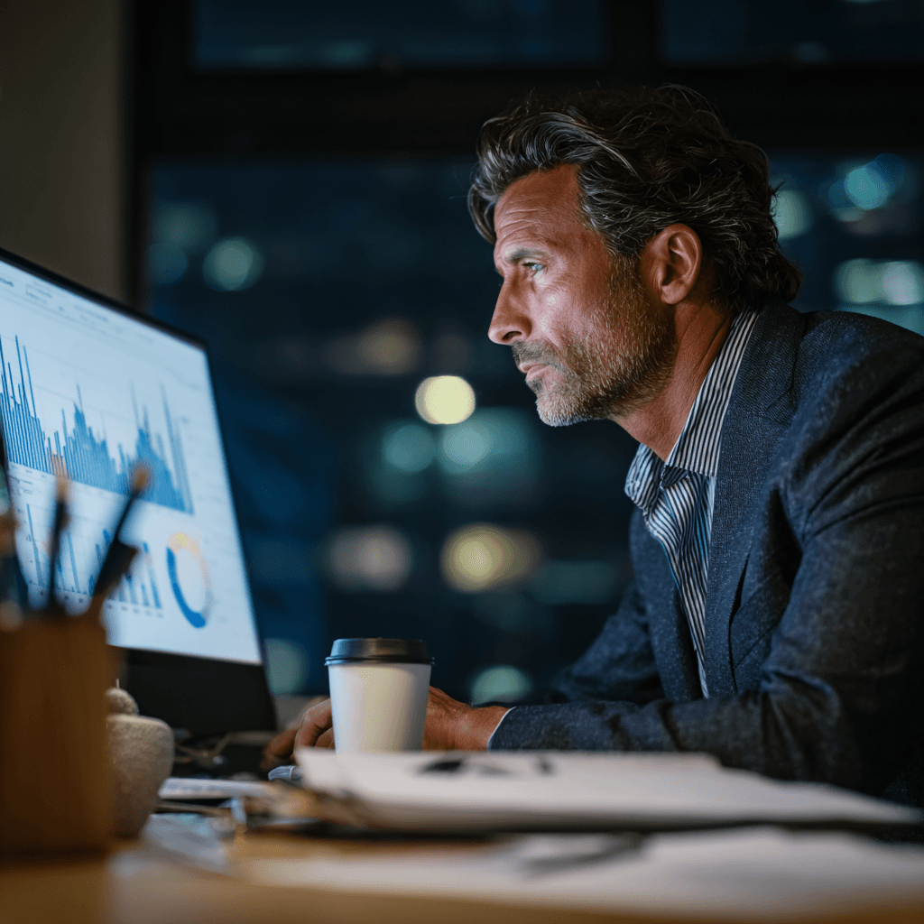 Investor analyzing financial data late in a modern office