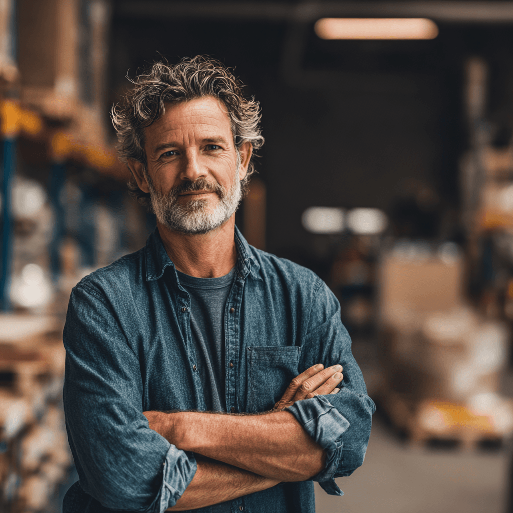 Business owner standing confidently in front of their warehouse
