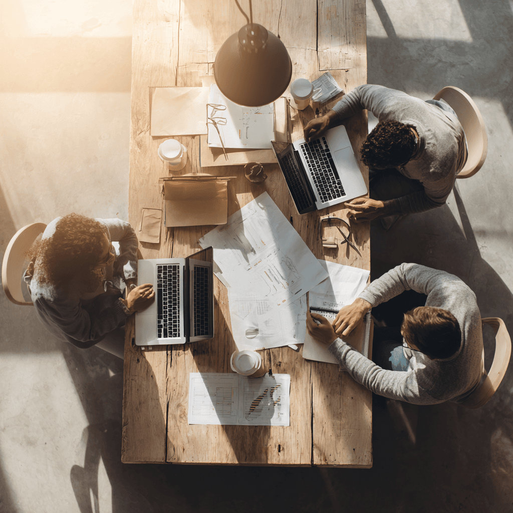 Team working together at a desk with laptops and documents